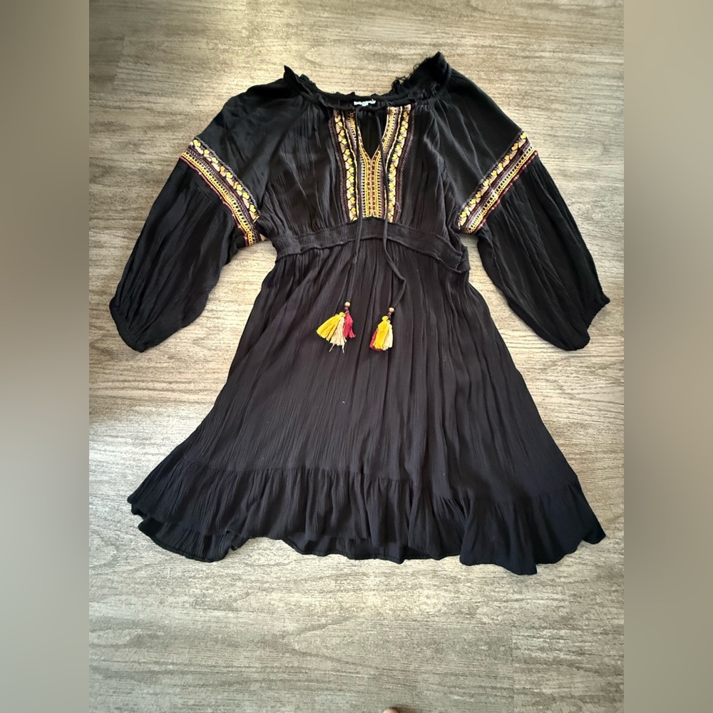 Boho Black Embroidered Tassel Mini Dress